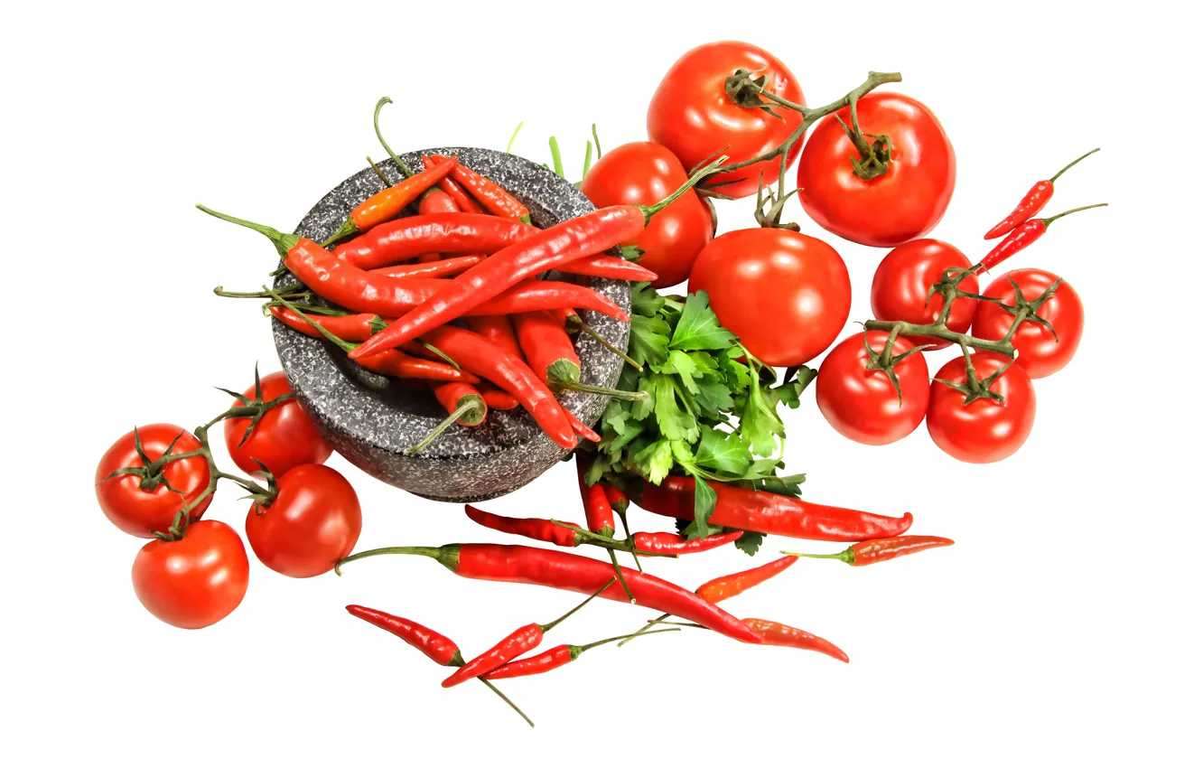 Photo wallpaper white background, pepper, tomatoes, Chile