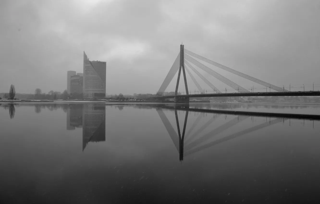 Photo wallpaper Bridge, bridge, reflection, reflections, Reflection, Riga, Reflections, RIGA