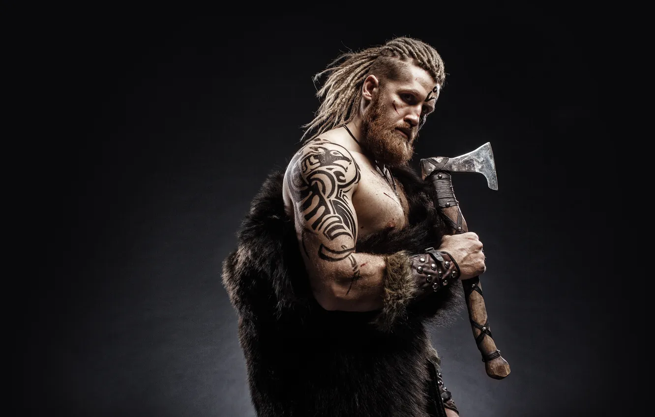 Photo wallpaper world, sword, studio, warrior, Viking, skin, scar, violence