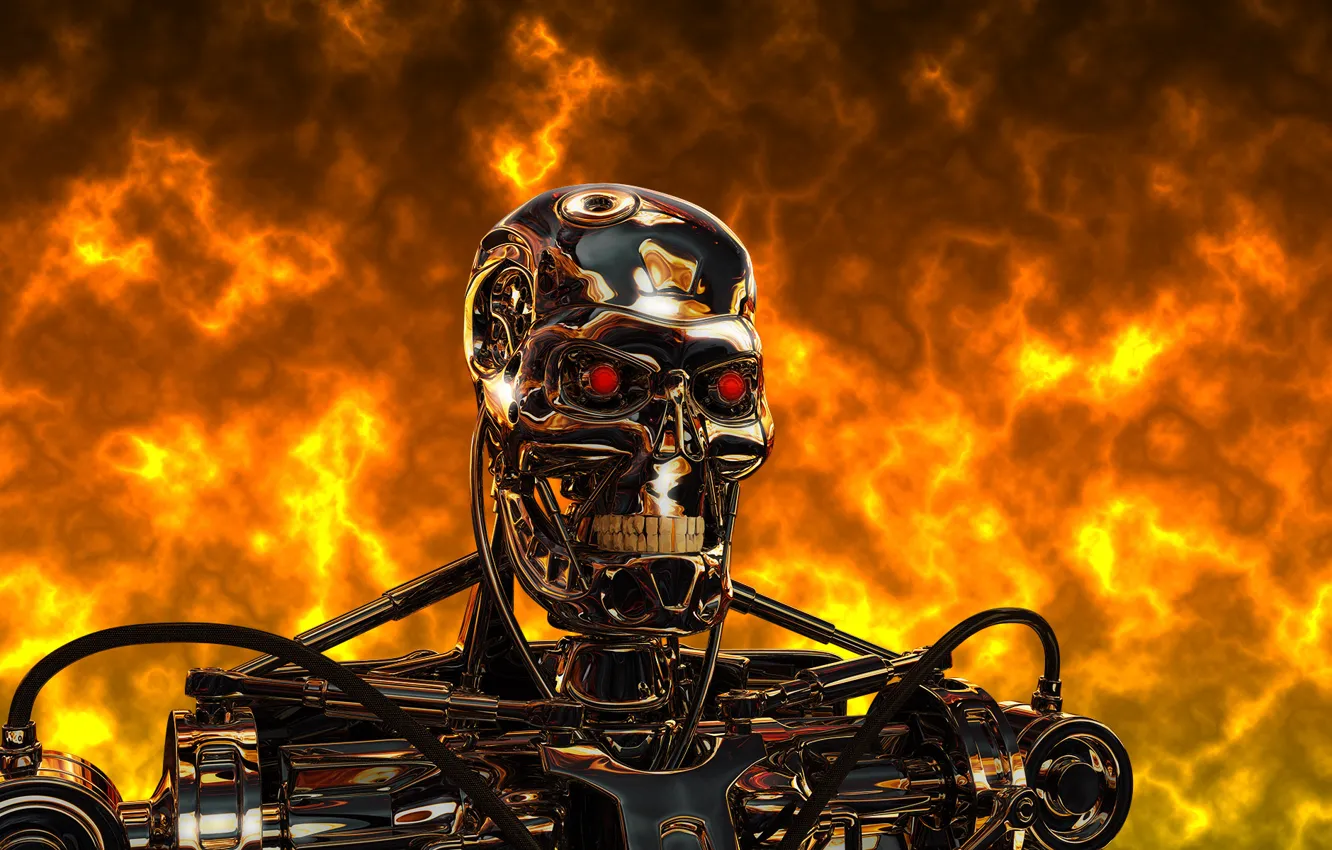 Photo wallpaper metal, fire, steel, robot, cyborg, terminator, Terminator, t-800