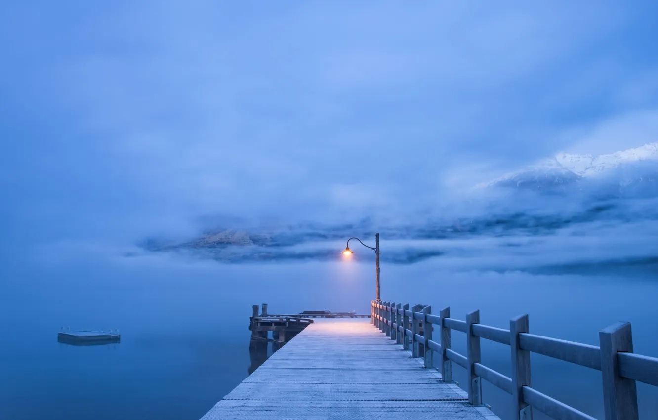 Photo wallpaper fog, pier, pierce, lantern