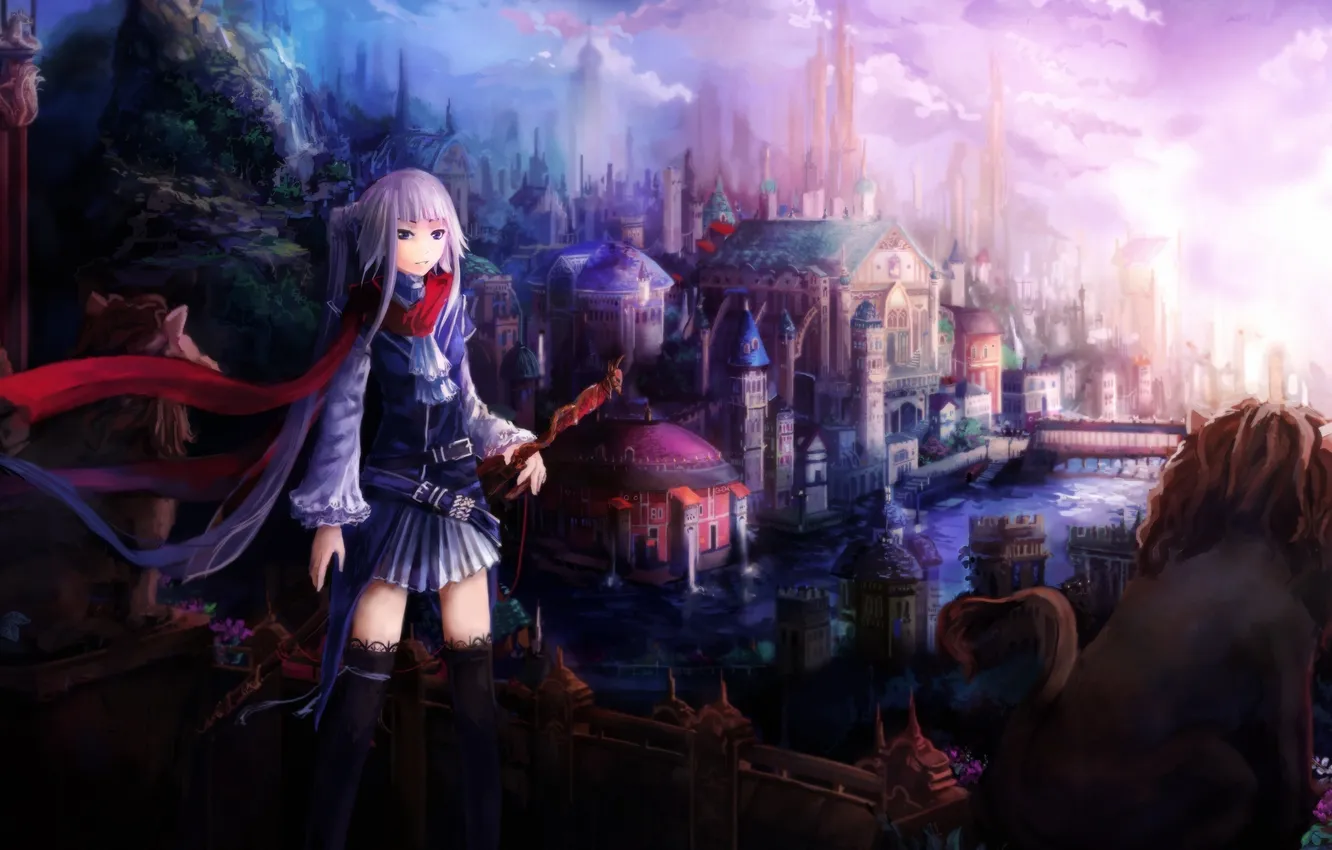 Photo wallpaper girl, the city, river, weapons, stockings, scarf, fantasy, art