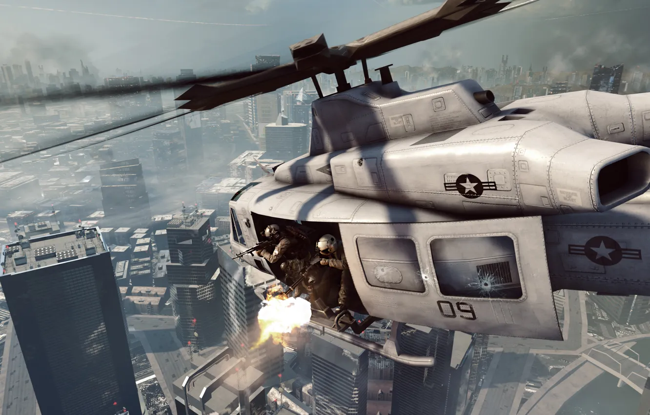 Photo wallpaper the city, fire, helicopter, Battlefield 4