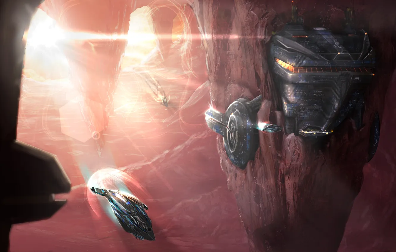 Photo wallpaper flight, sunset, metal, rocks, transport, ship, station