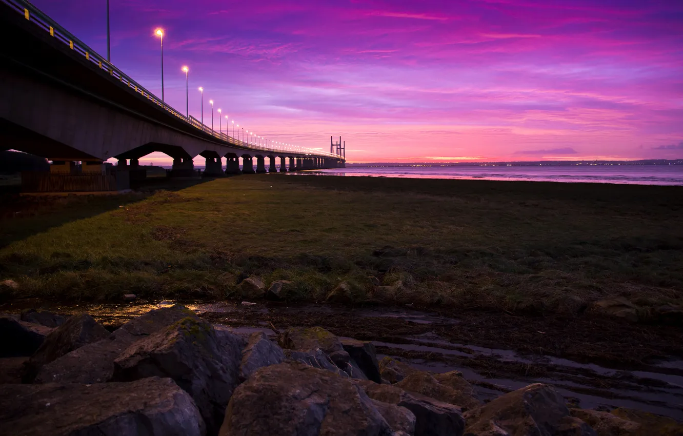 Photo wallpaper road, the sky, grass, sunset, bridge, lights, river, stones