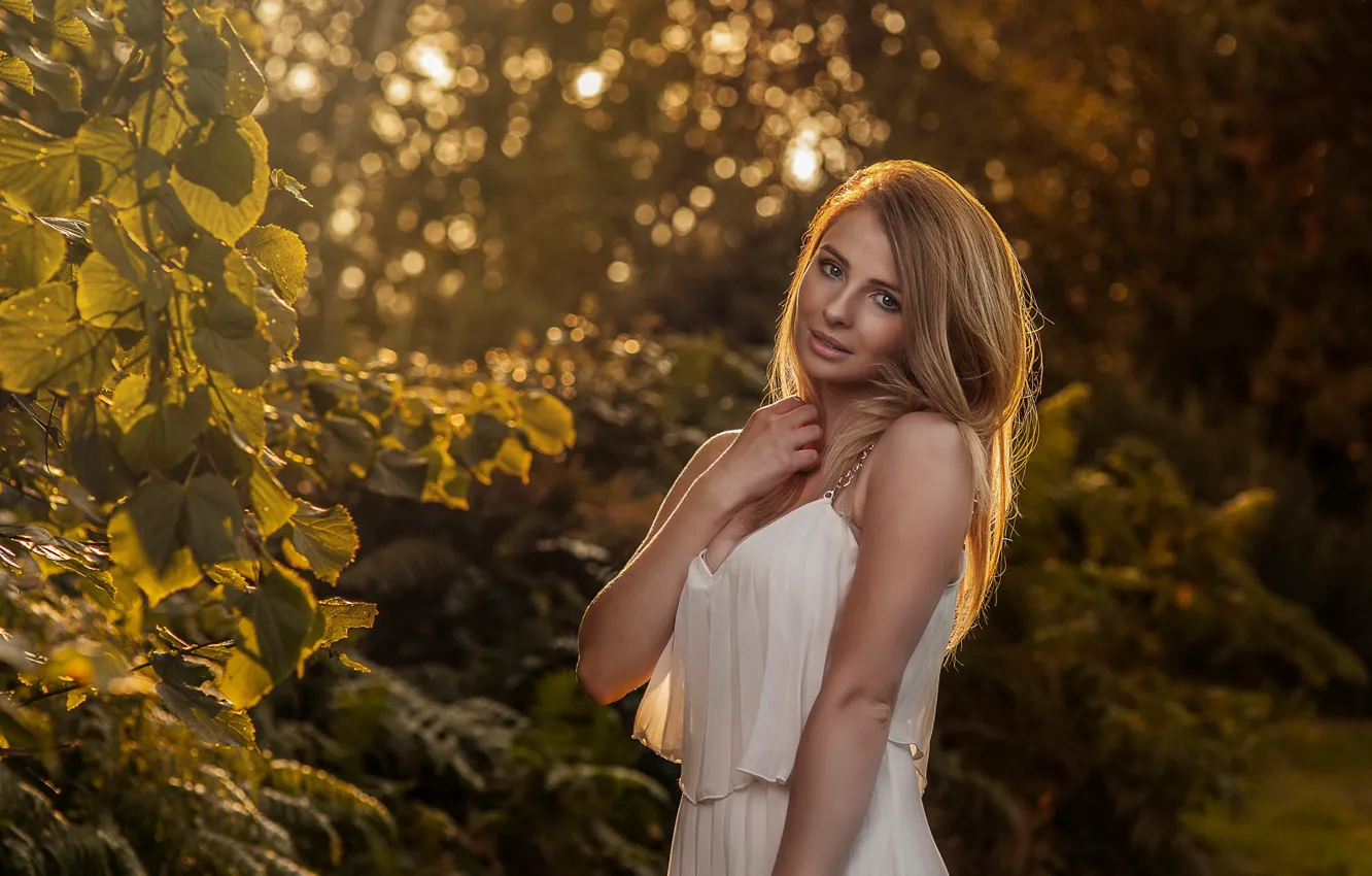 Photo wallpaper summer, leaves, girl, branches, nature, dress, blonde, bokeh