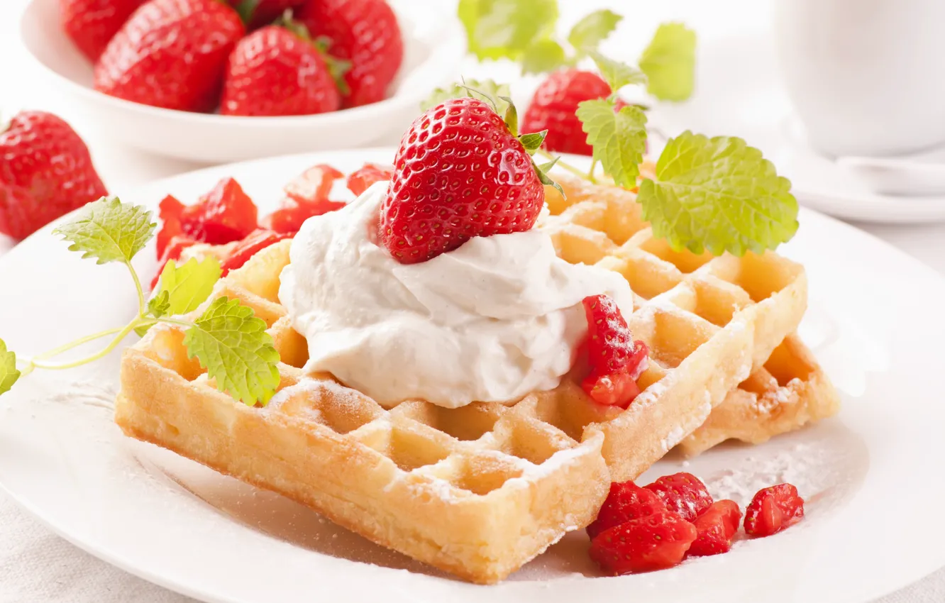 Photo wallpaper strawberry, mint, cream, dessert, waffles