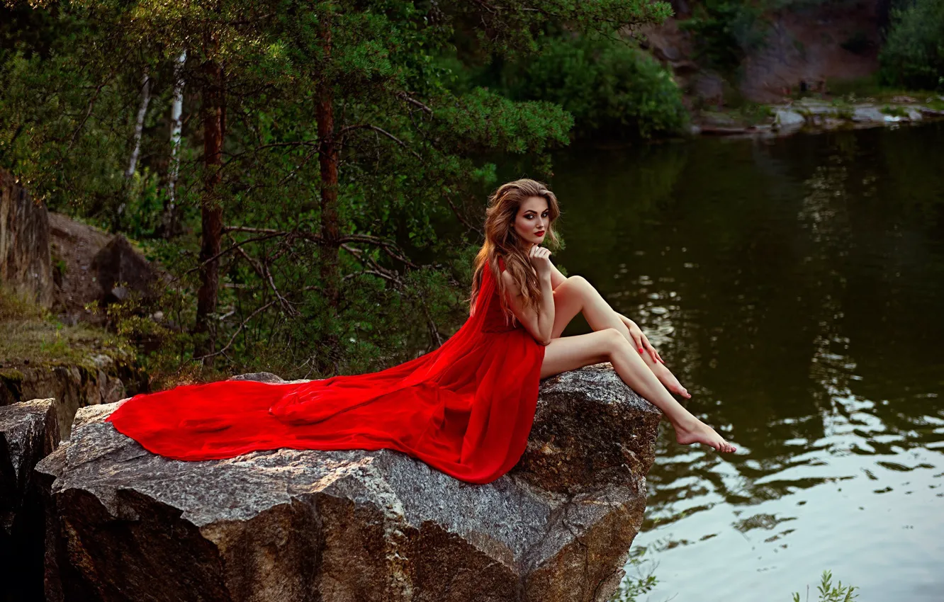 Photo wallpaper forest, look, girl, trees, pose, river, stones, green