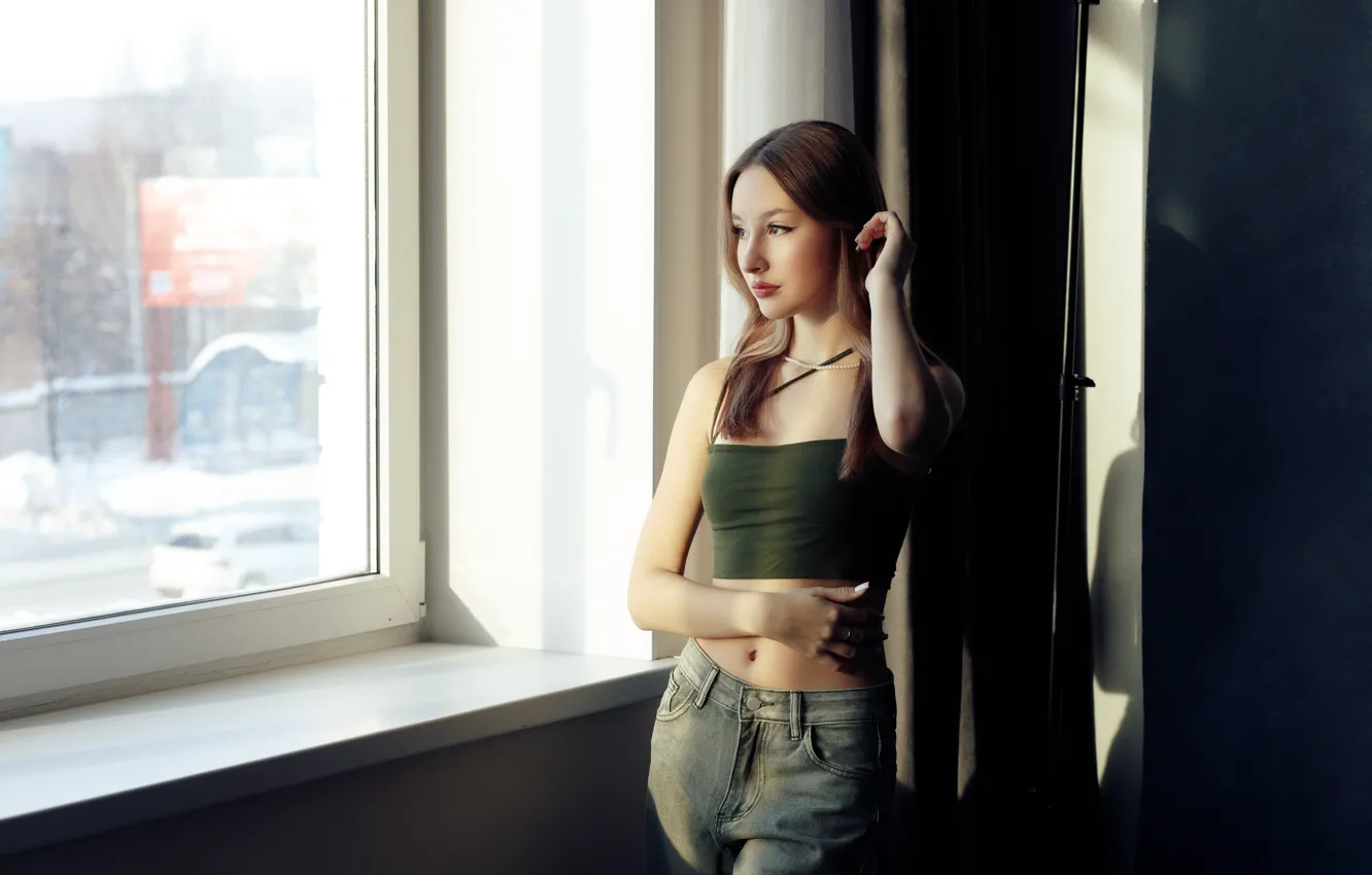 Photo wallpaper girl, pose, jeans, hands, figure, window, top, Julia