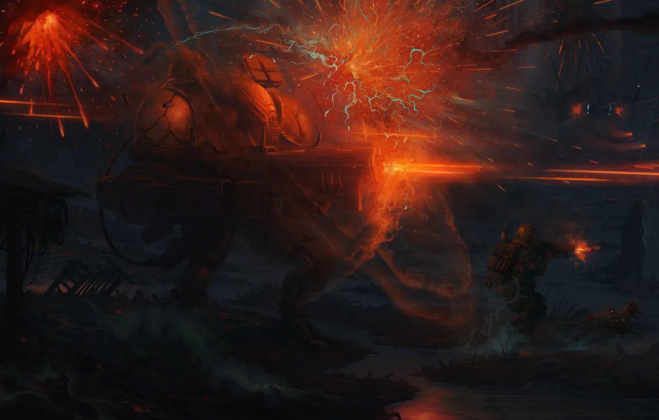 Photo wallpaper lights, weapons, fiction, war, attack, battle, sparks, fire