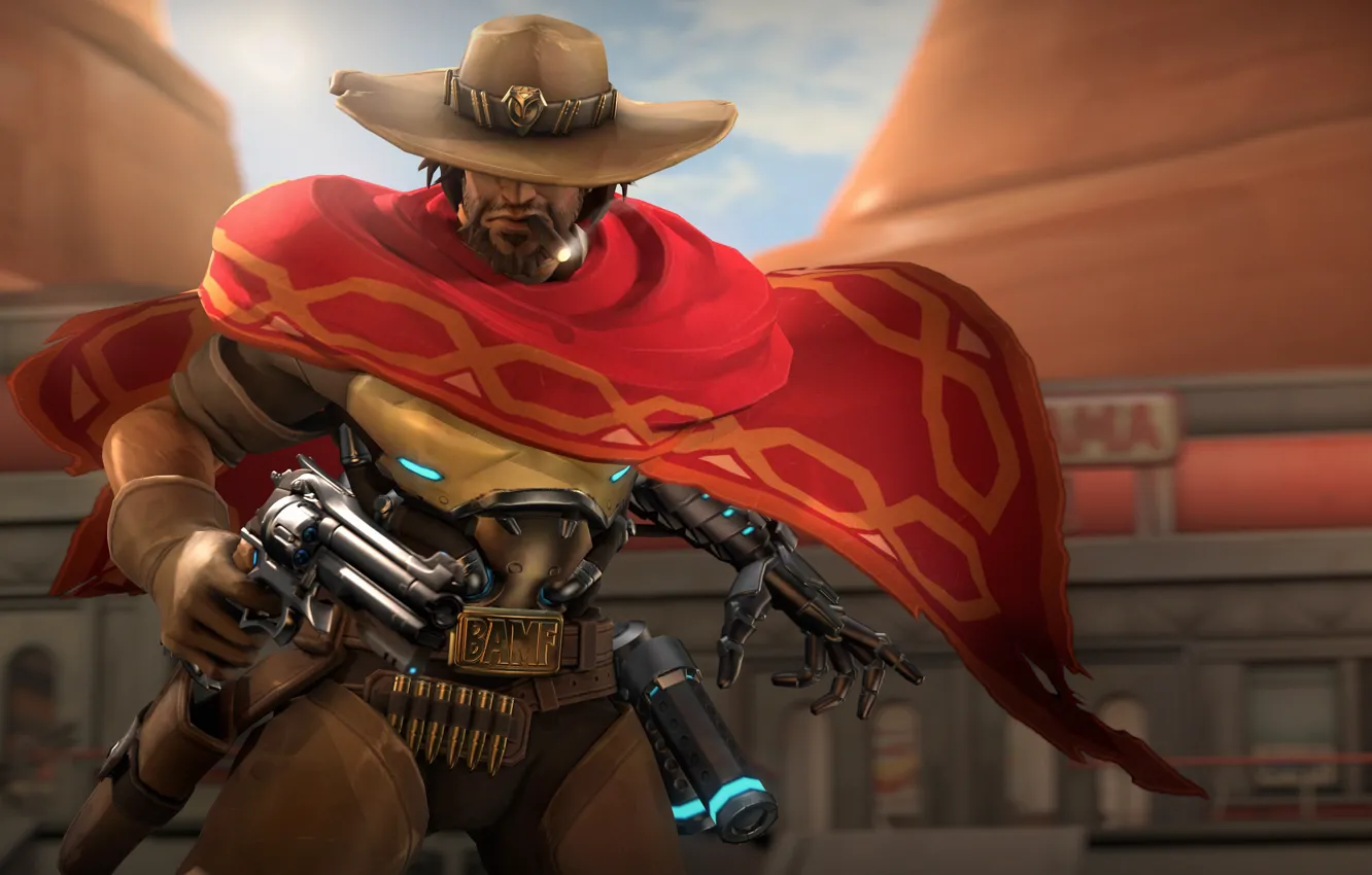 Photo wallpaper hat, cigar, revolver, cowboy, Overwatch, McCree, Jesse McCree