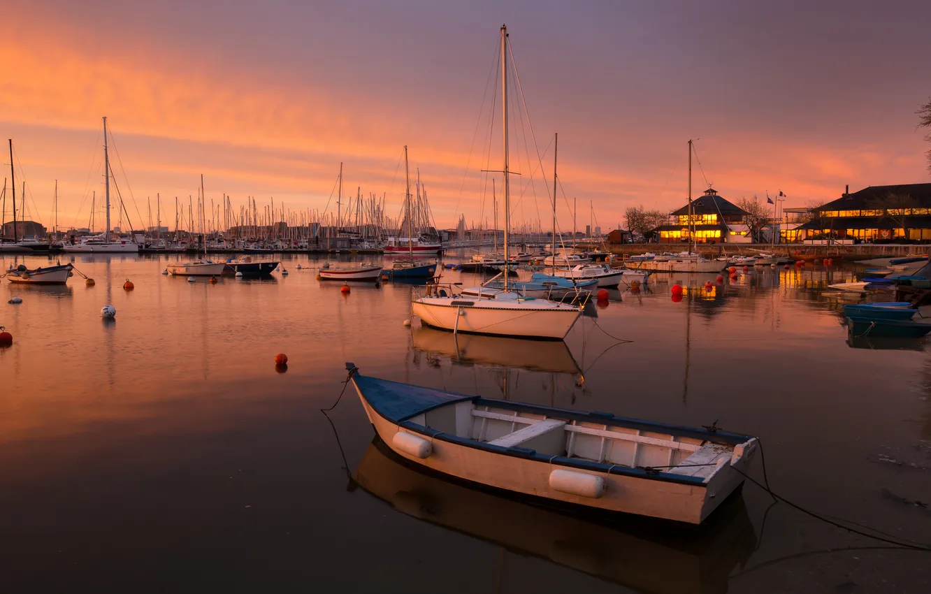 Photo wallpaper clouds, light, sunset, lights, dawn, shore, boat, building