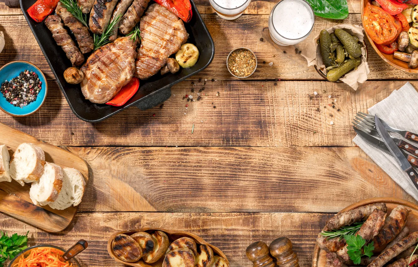 Photo wallpaper bread, meat, BBQ, vegetables, sauce, wood, meat, grill