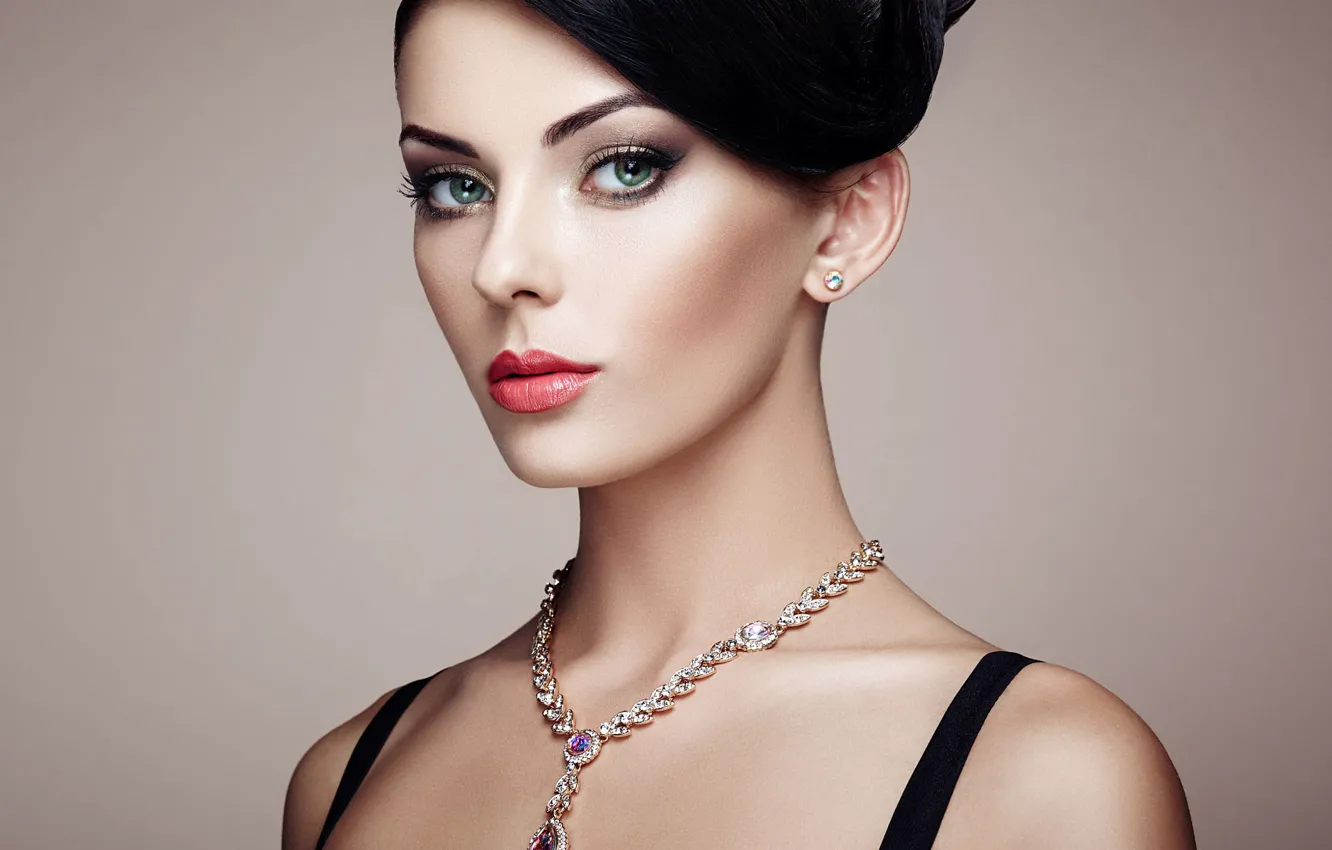 Photo wallpaper look, background, model, portrait, necklace, makeup, brunette, hairstyle