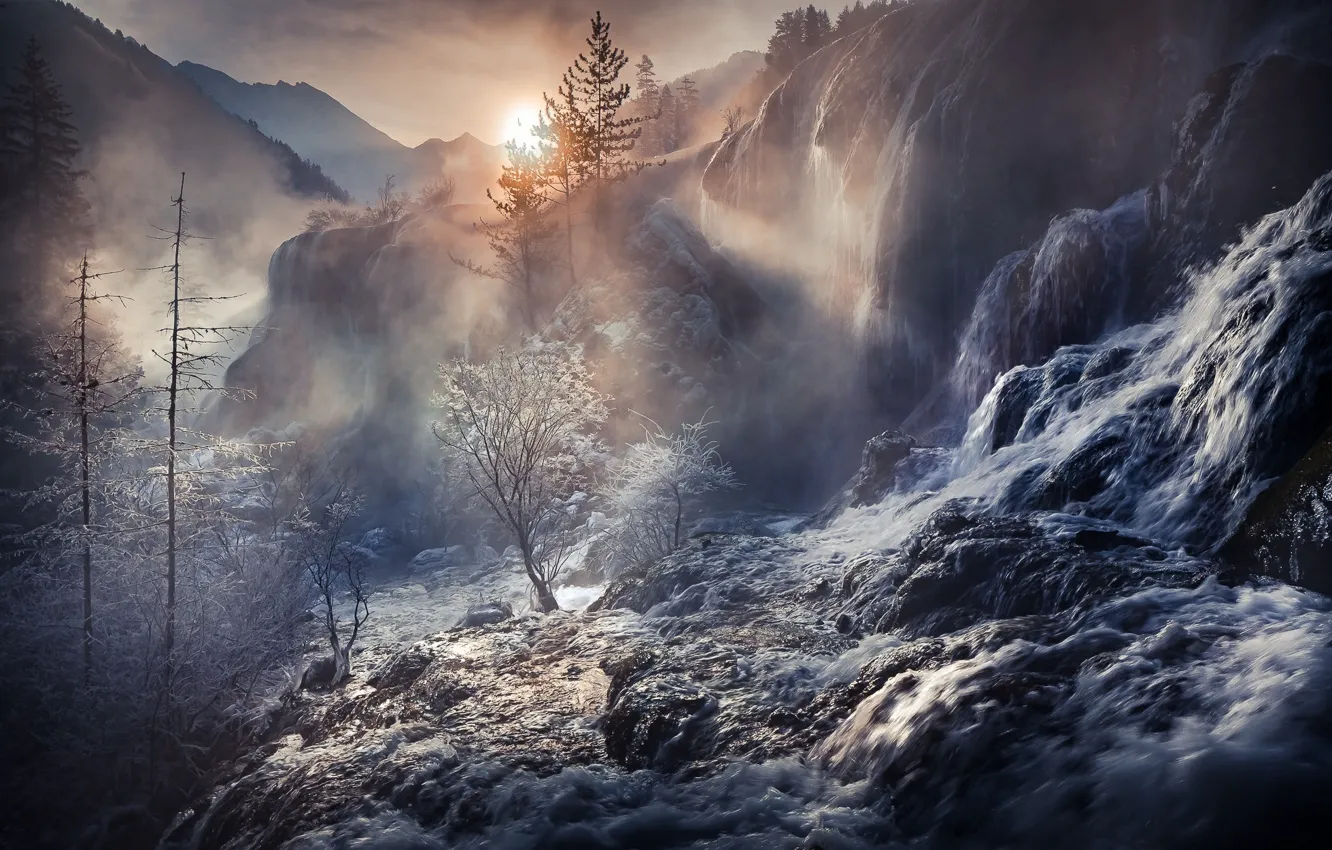 Photo wallpaper forest, water, light, nature, fog, rocks, China, haze