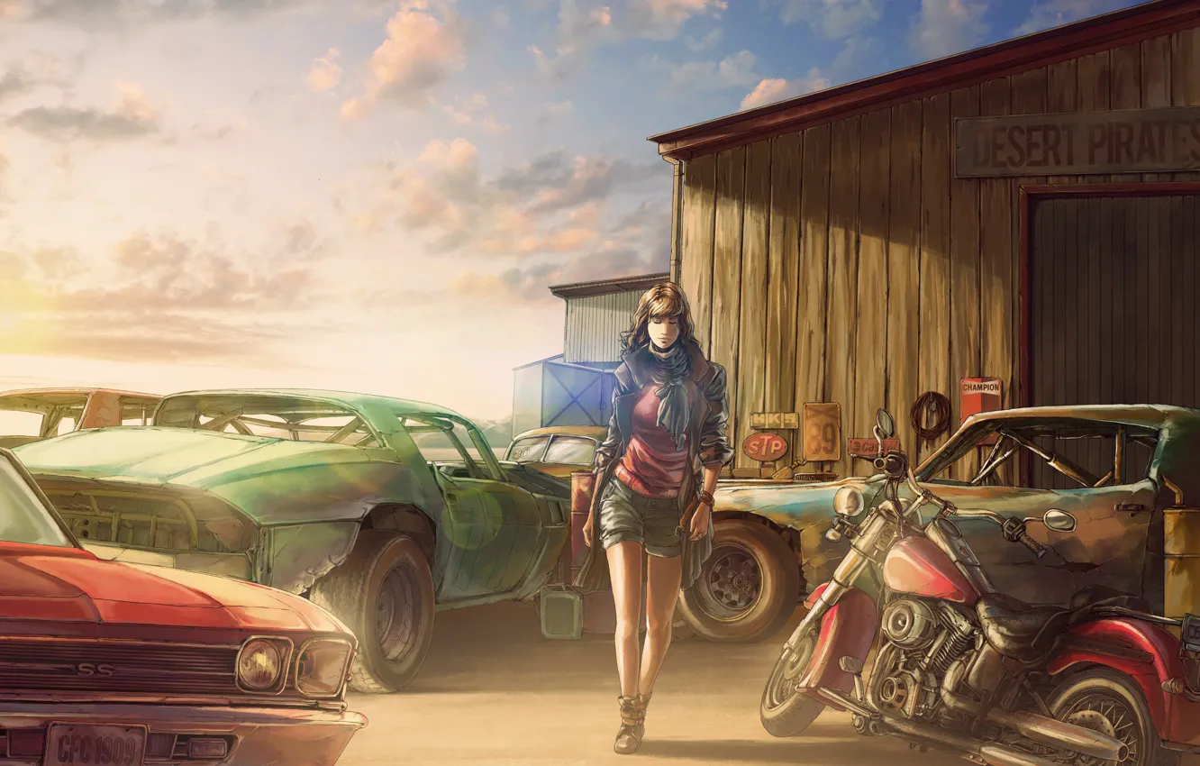 Photo wallpaper girl, figure, Chevrolet, motorcycle, dump, the barn, art, old car
