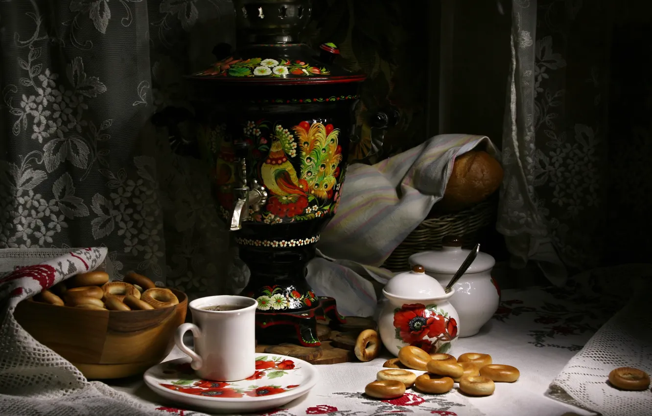 Photo wallpaper the dark background, table, tea, Maki, bread, the tea party, Cup, dishes