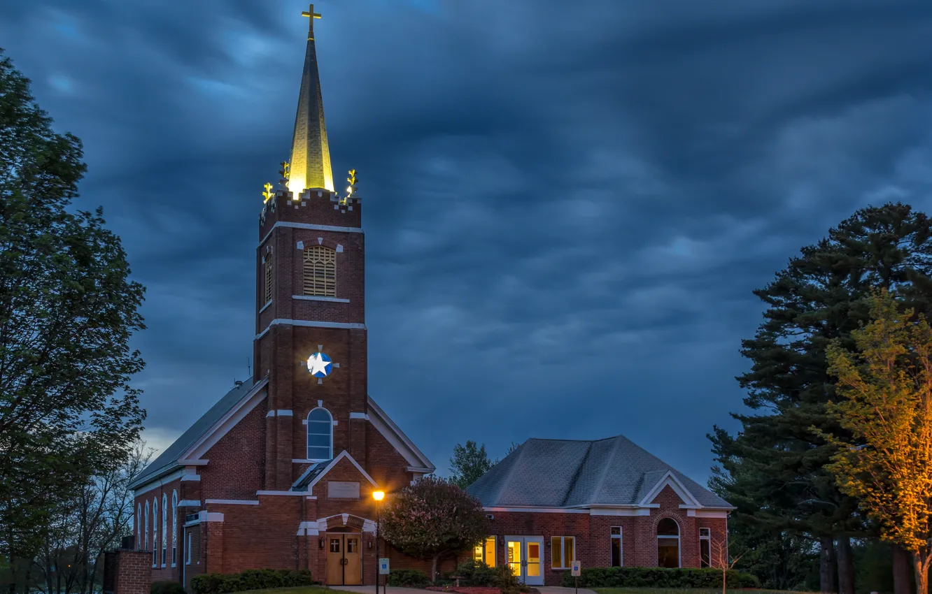 Photo wallpaper the sky, trees, clouds, the evening, lights, Church, USA, Wisconsin