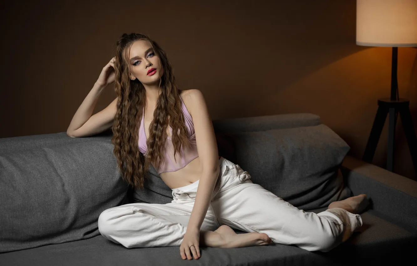 Photo wallpaper look, girl, pose, sofa, jeans, hands, makeup, long hair