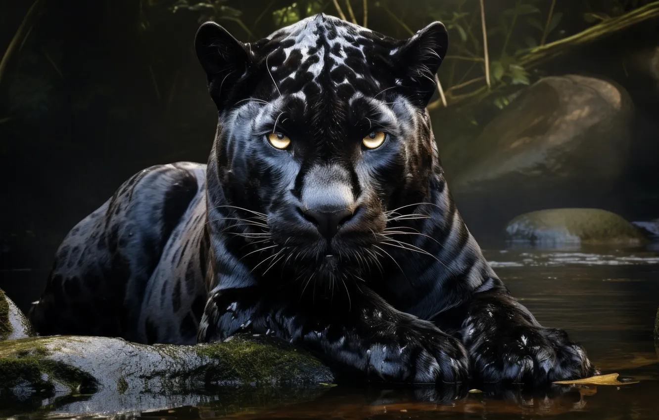 Photo wallpaper look, face, water, nature, pose, black, Panther, bathing