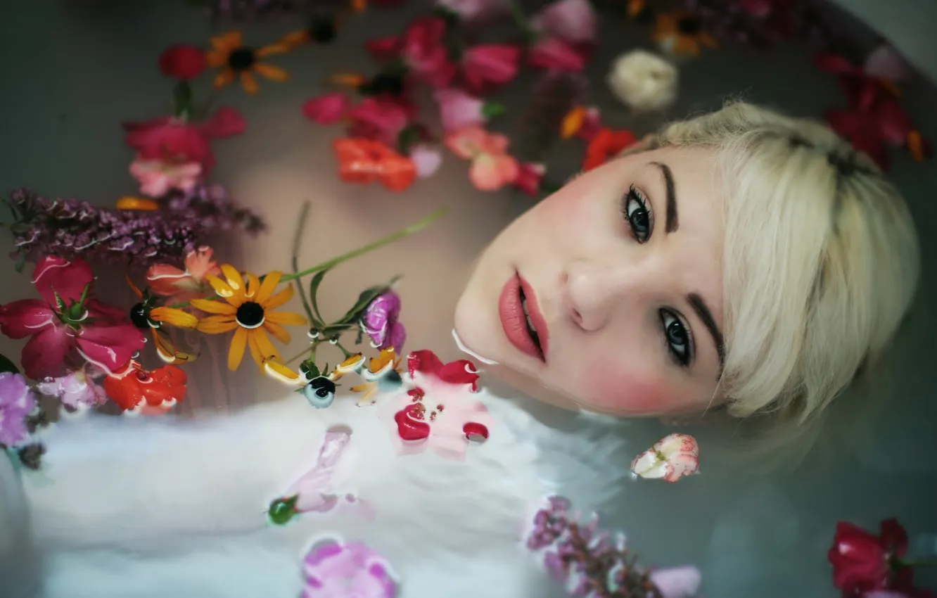 Photo wallpaper look, girl, flowers