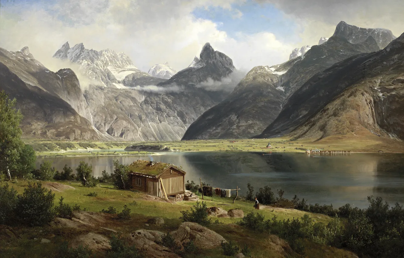 Photo wallpaper trees, landscape, mountains, river, stones, shore, picture, valley