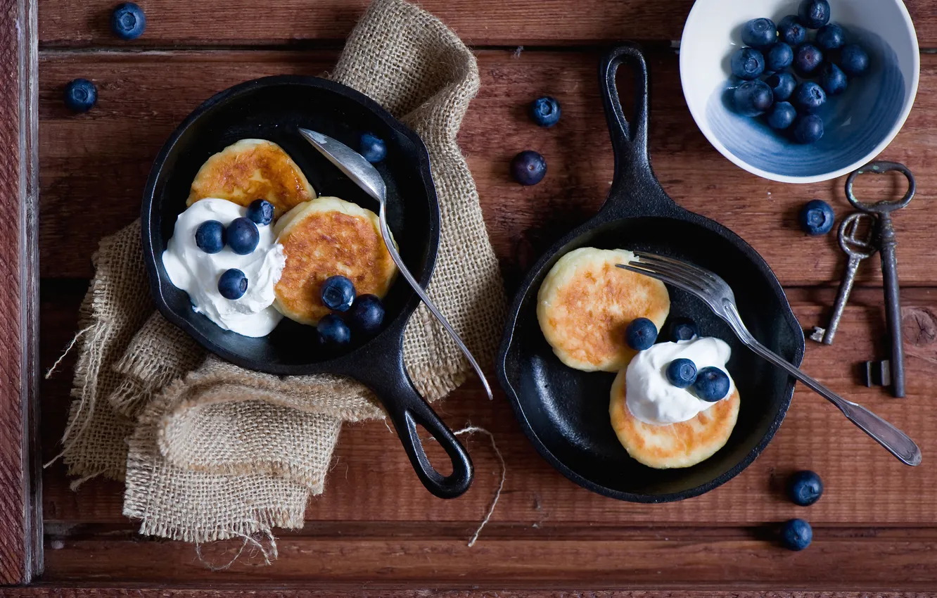 Photo wallpaper berries, Breakfast, blueberries, pancakes, sour cream, pancakes