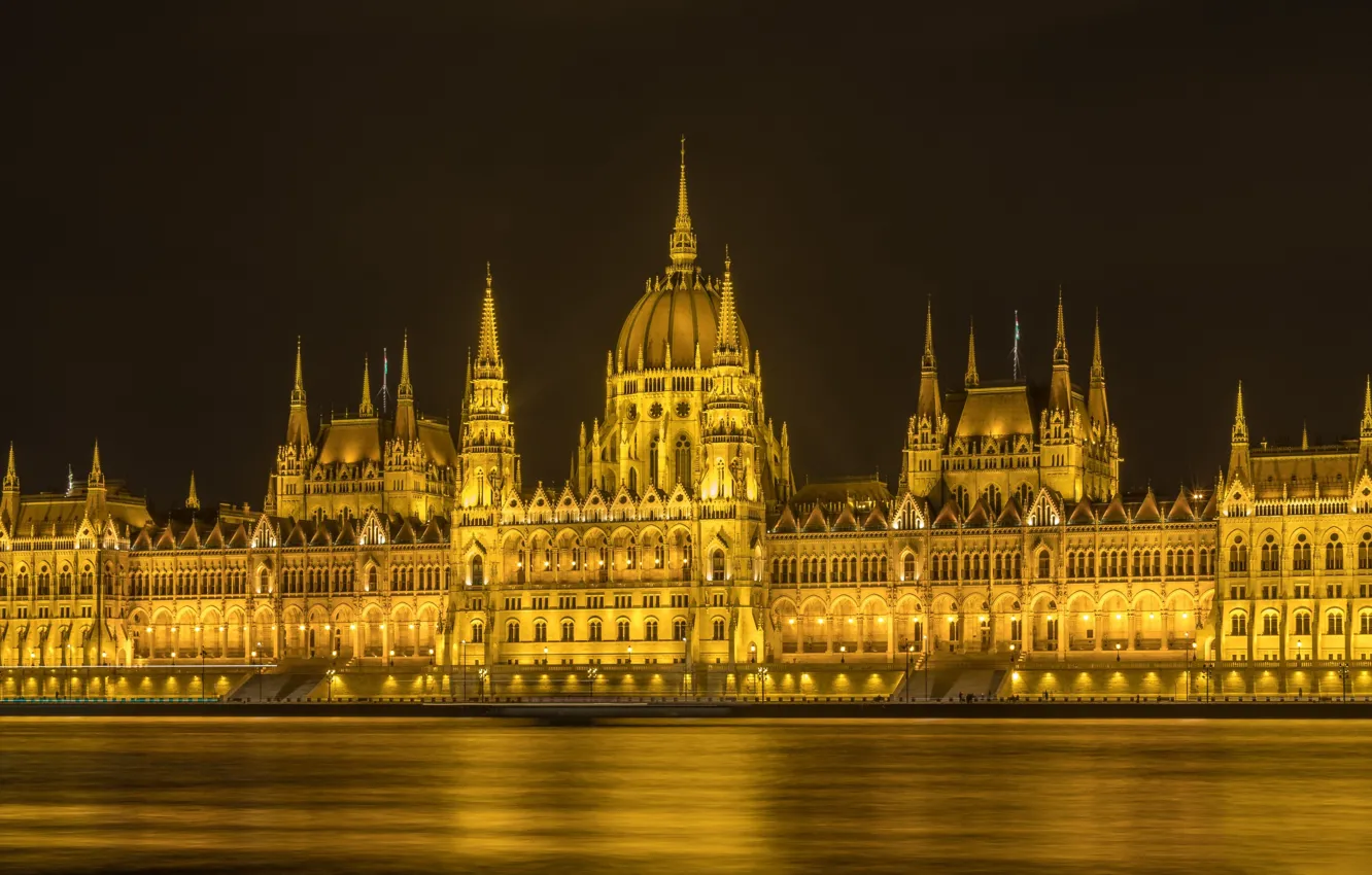 Photo wallpaper lights, river, Parliament, Hungary, Budapest, The Danube