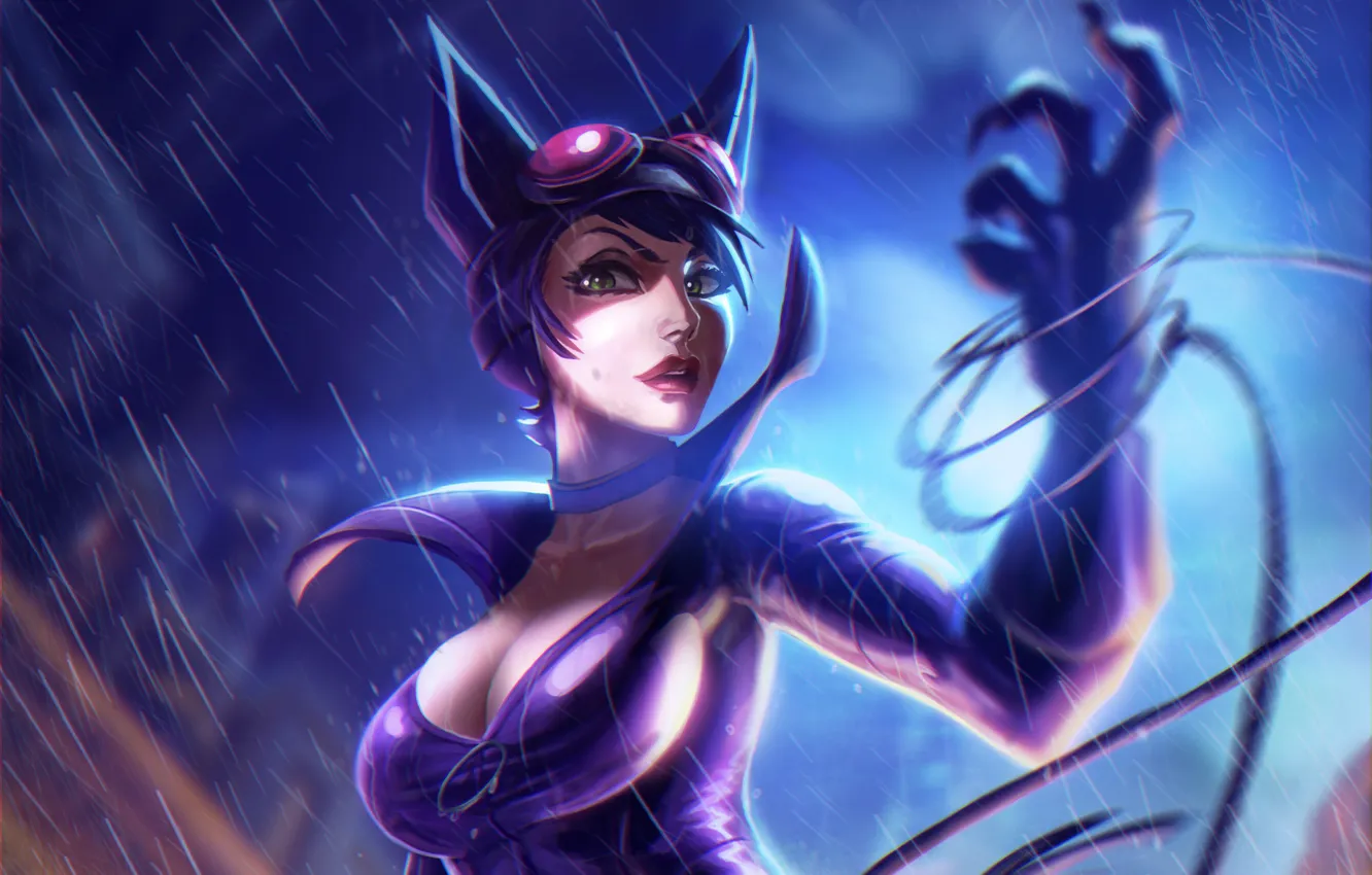 Photo wallpaper girl, rain, art, beauty, the shower, rain, characters, Catwoman