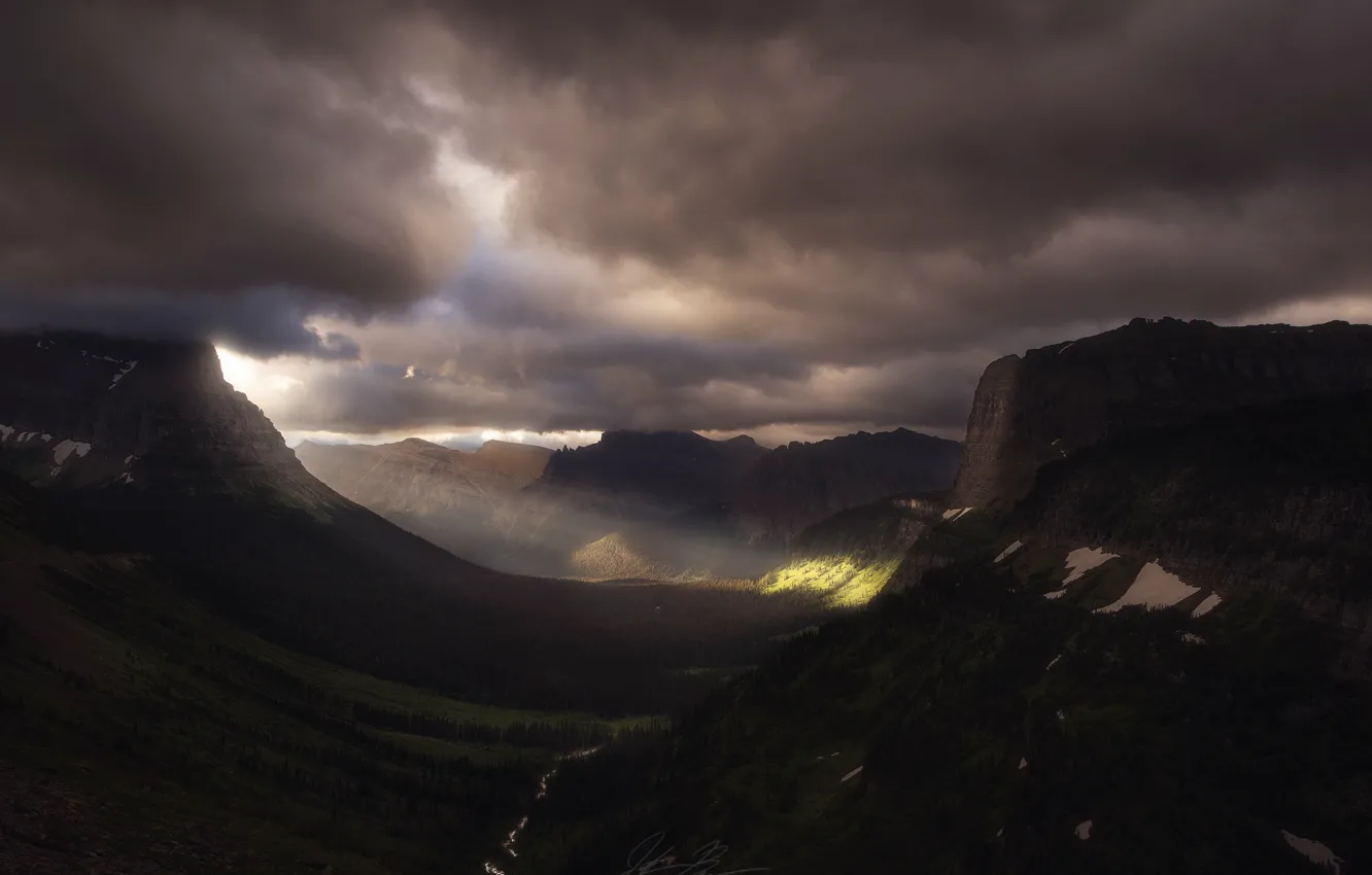 Photo wallpaper forest, light, mountains, clouds, valley