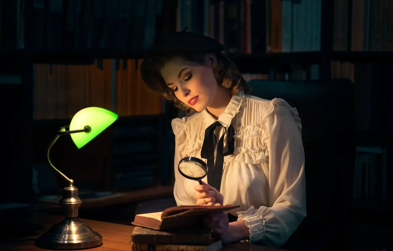Photo wallpaper girl, mood, books, lamp, blouse, library, magnifier, takes