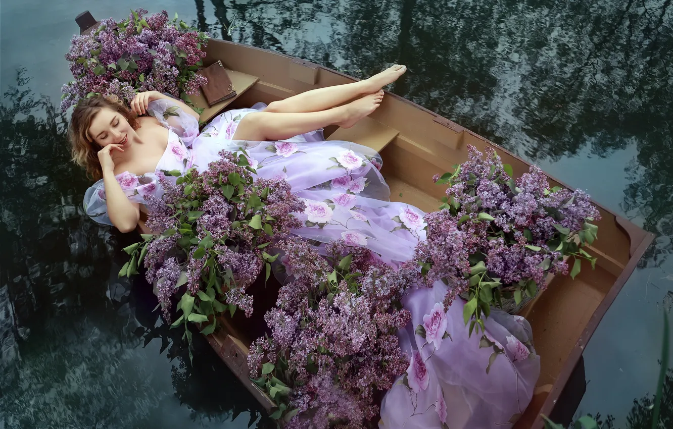 Photo wallpaper water, girl, pose, mood, boat, dress, legs, lilac