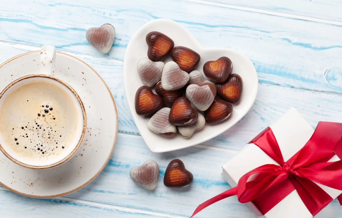 Photo wallpaper love, romance, heart, coffee, candy, Cup, red, love