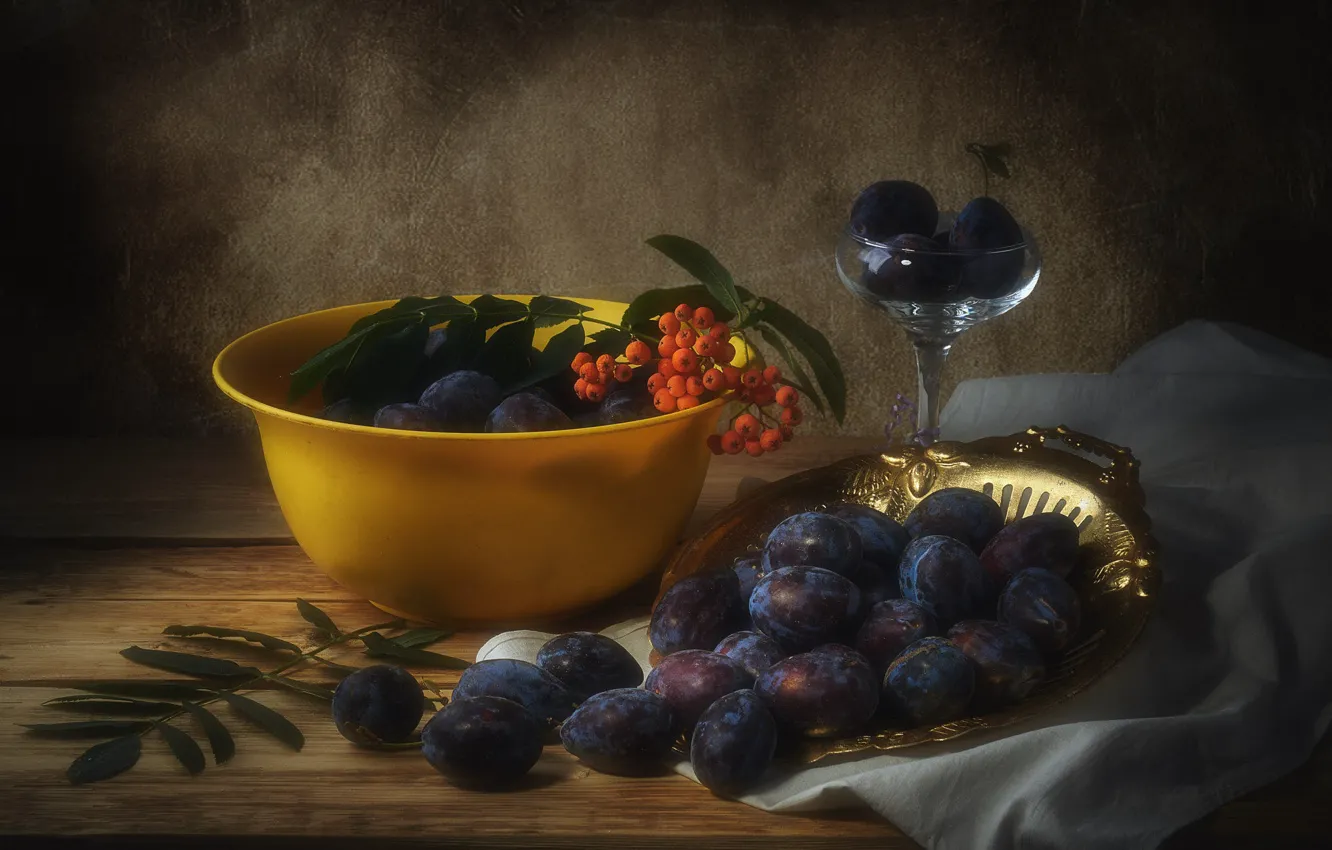 Photo wallpaper autumn, fruit, still life, plum, items, Rowan, tray, composition