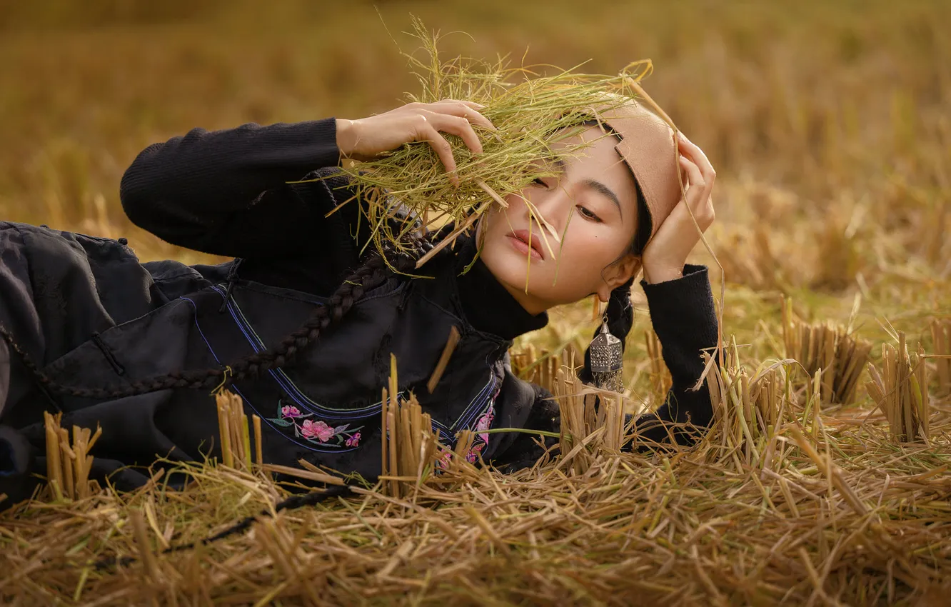 Photo wallpaper pose, look, Nick Vison, girl, field, nature, Asian
