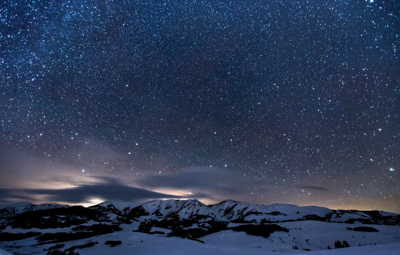 Photo wallpaper stars, clouds, snow, landscape, mountains, nature, lights, horizon