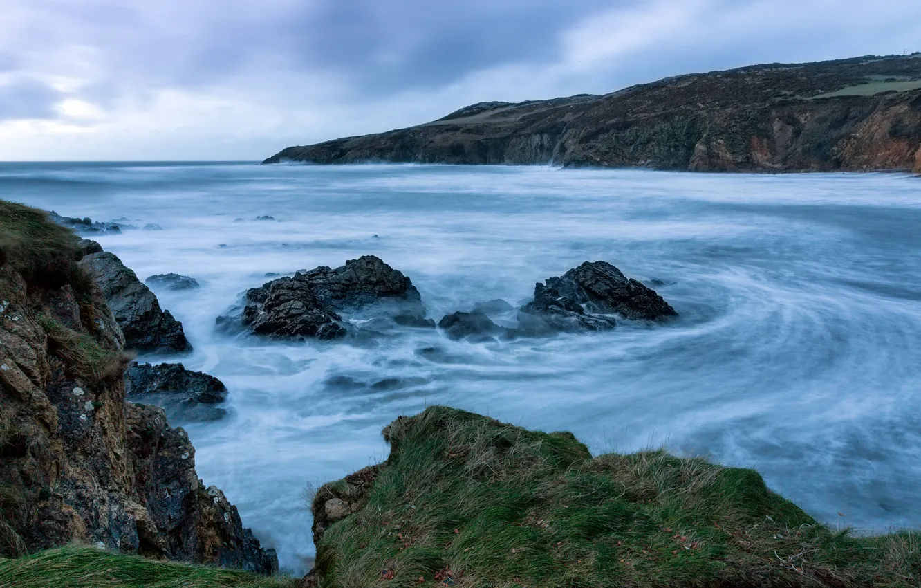 Photo wallpaper waves, ocean, coast, clouds, rocks