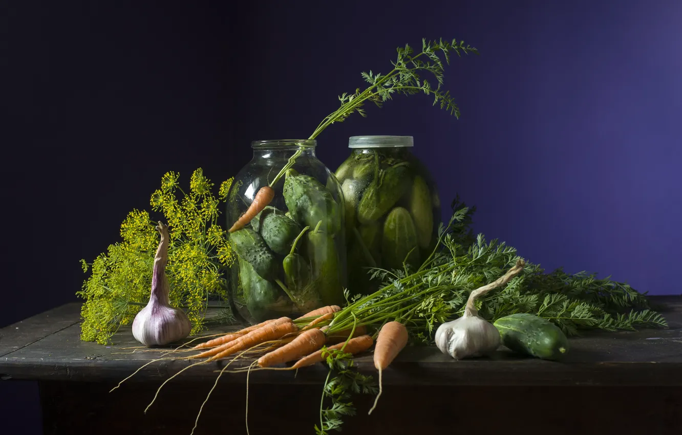 Photo wallpaper table, dill, banks, still life, vegetables, carrots, cucumbers, garlic