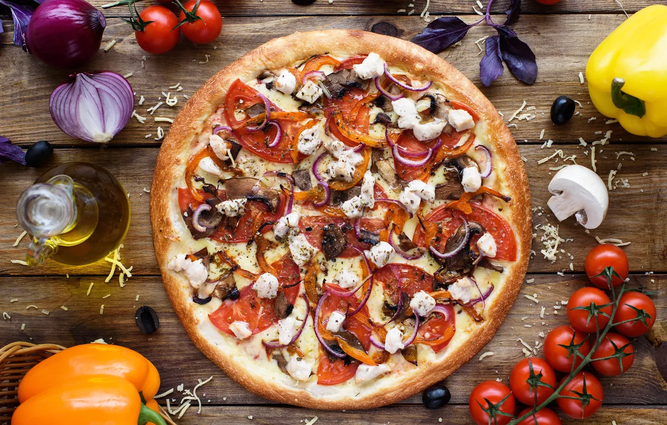 Photo wallpaper mushrooms, bow, pepper, pizza, tomatoes