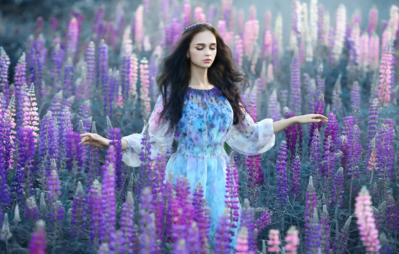 Photo wallpaper field, summer, girl, flowers, pose, eyelashes, style, makeup