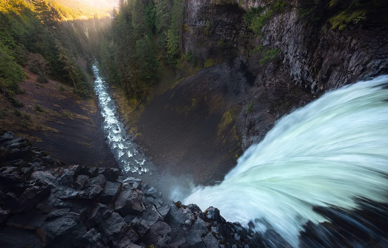 Photo wallpaper forest, light, nature, river, rocks, waterfall