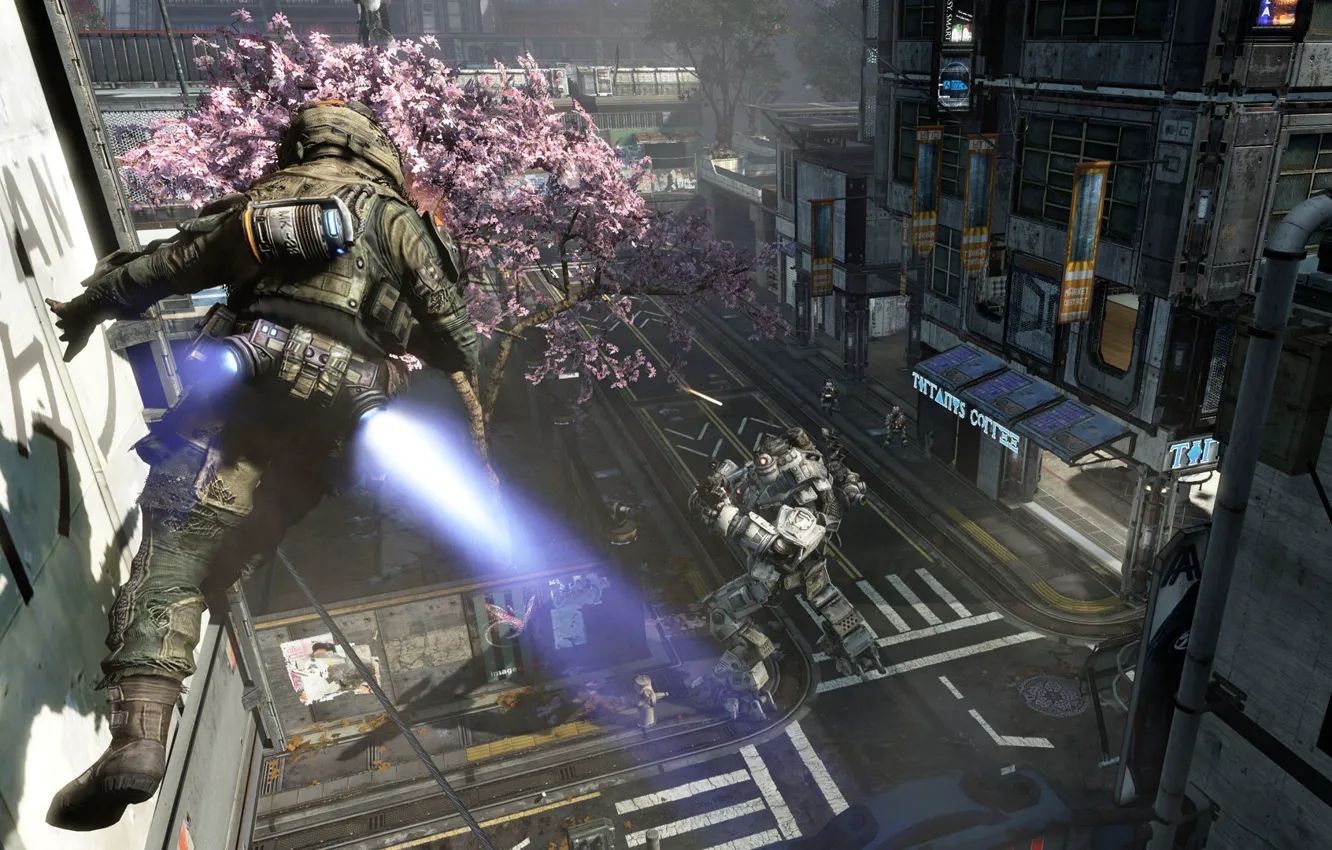 Photo wallpaper soldier, pilot, Titanfall, Angel City, Jetpack