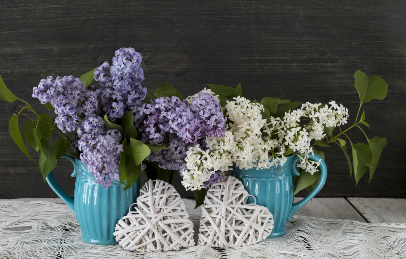 Photo wallpaper flowers, heart, love, heart, wood, flowers, lilac, romantic