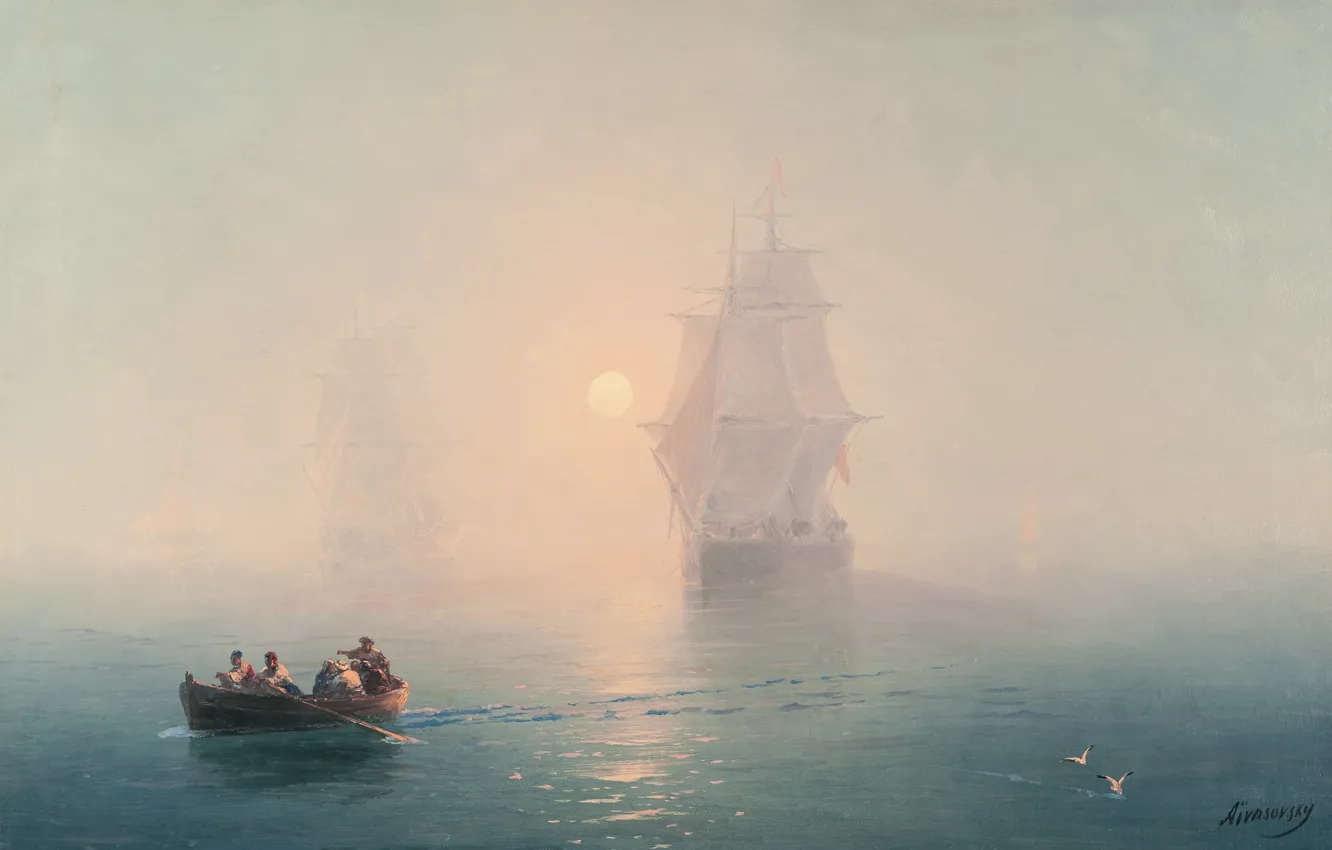 Photo wallpaper boat, picture, sail, seascape, Ivan Aivazovsky, warship