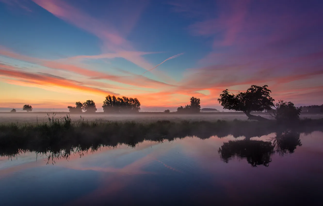 Photo wallpaper landscape, sunset, lake