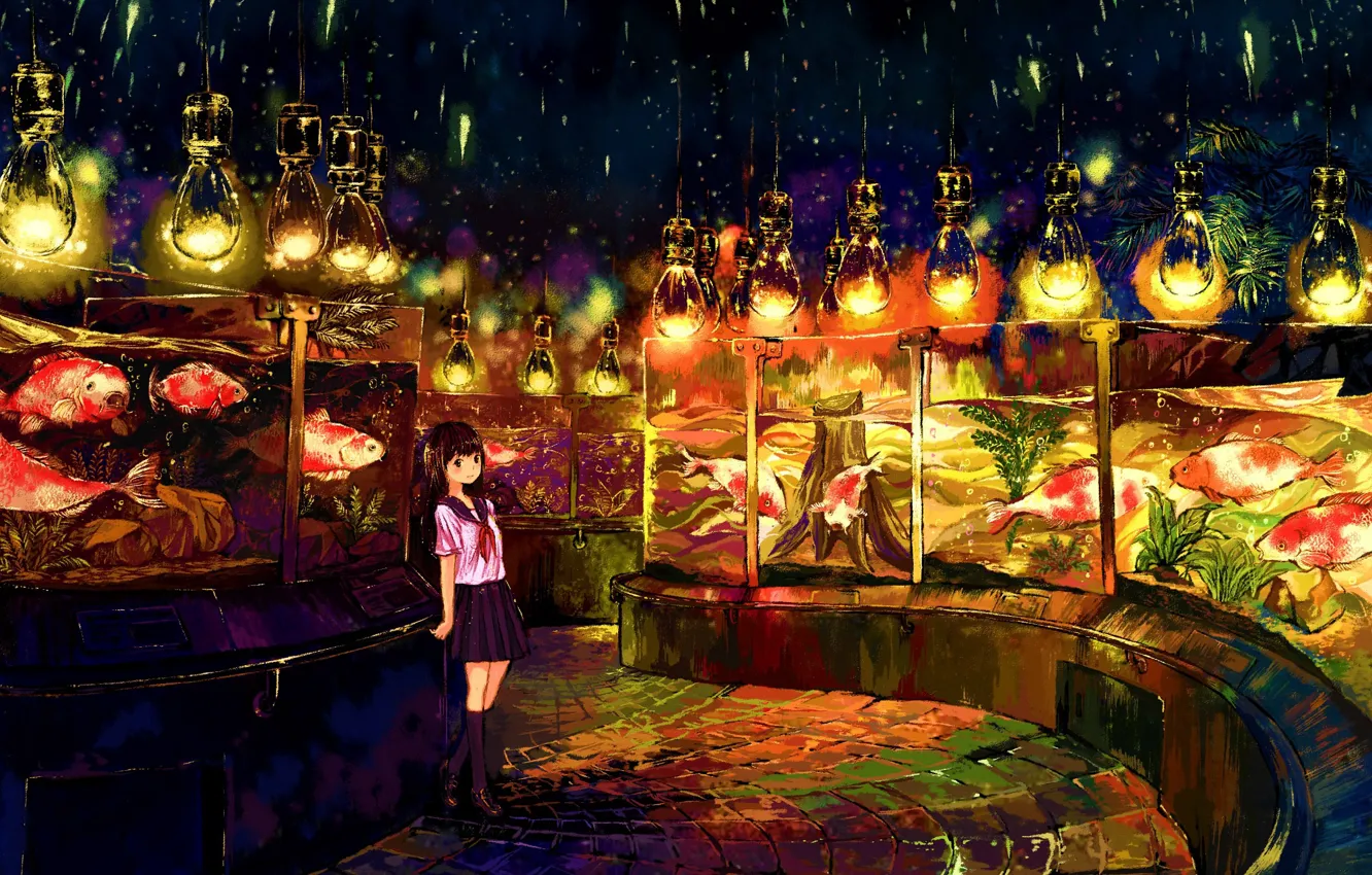 Photo wallpaper street, anime, lights, girl, painting