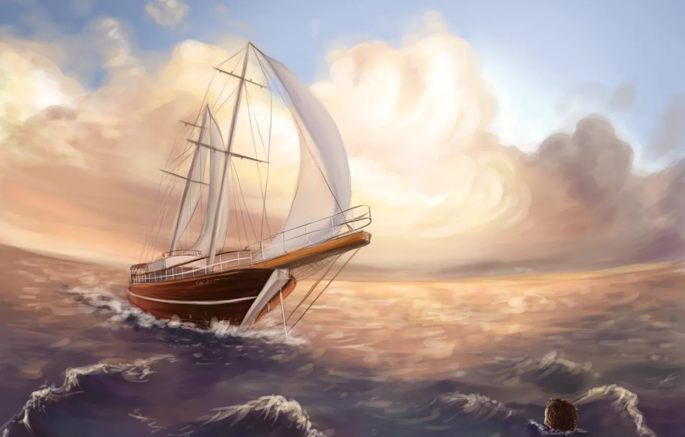 Photo wallpaper sea, wave, the sky, clouds, ship, mermaid, art, painting