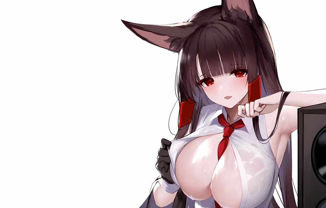 Photo wallpaper girl, sexy, wet, cleavage, long hair, brown hair, boobs, animal ears