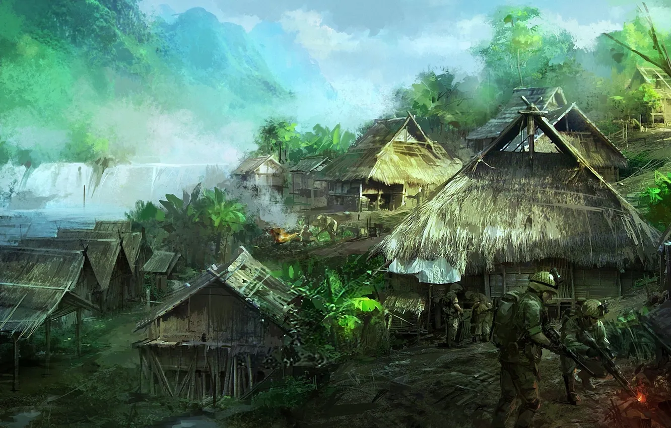 Photo wallpaper river, weapons, waterfall, village, jungle, art, soldiers, buildings