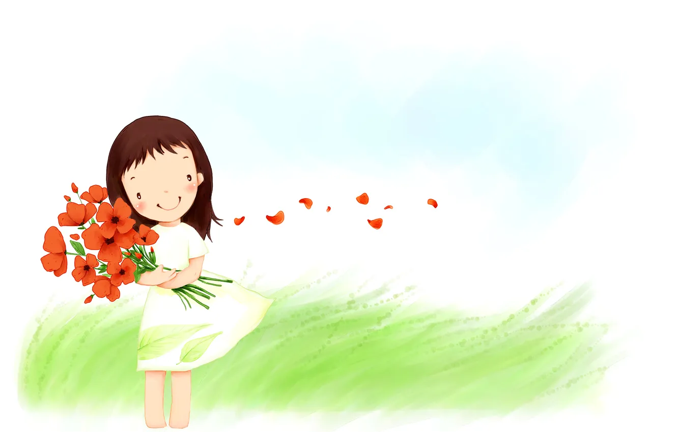 Photo wallpaper grass, flowers, smile, the wind, bouquet, petals, dress, girl